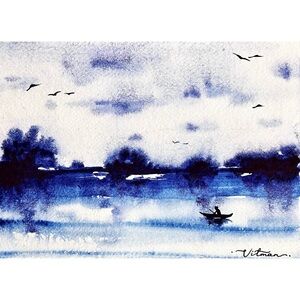 🌙 Midnight Lake – Original Blue Watercolor Painting, Dreamy Night Landscape 💫